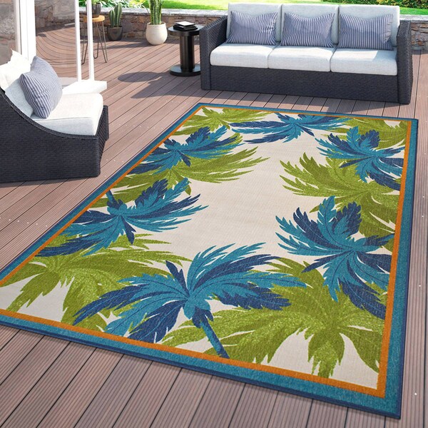 World Rug Gallery Tropical Floral Border Flatweave Indoor/Outdoor Area Rug 5' X 7' Green 9012GREEN5X7 - main